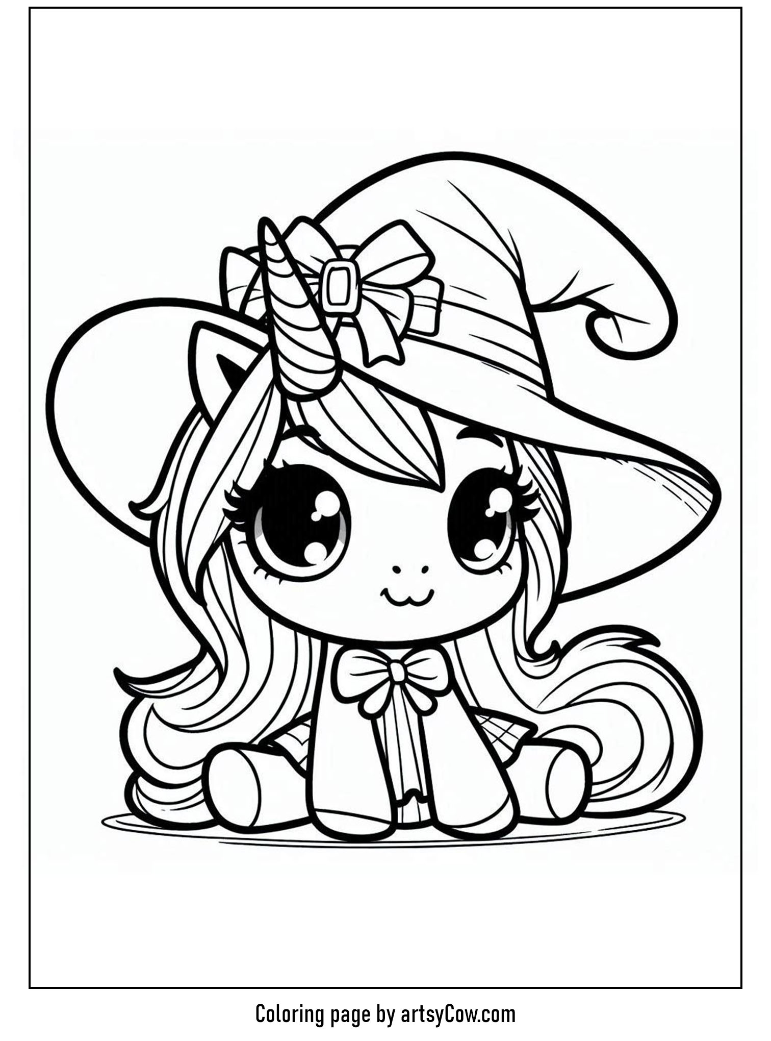 halloween coloring pages with unicorn 2 featuring a cute unicorn wearing a witch's hat sitting in a charming haunted forest.